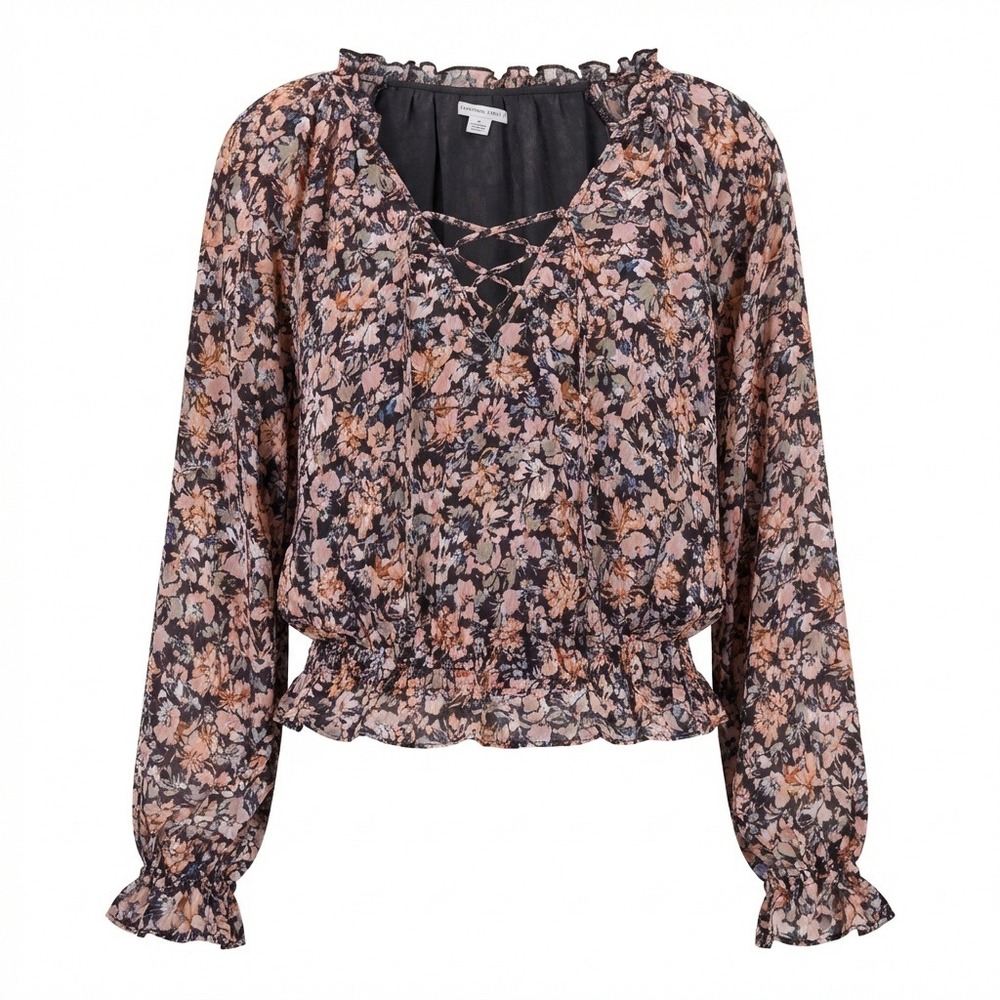 American Eagle Romantic Boho sheer floral long sleeve lace up blouse large